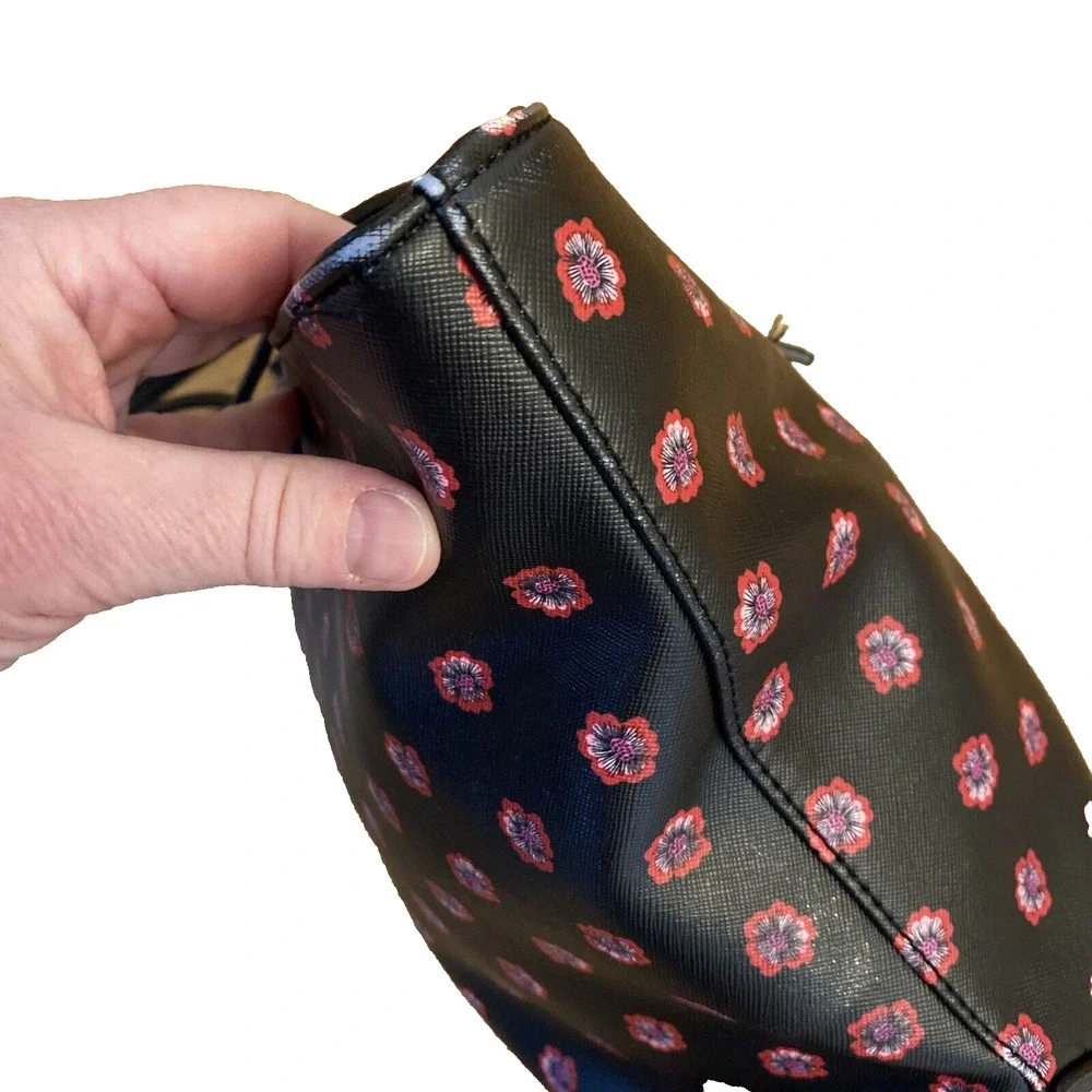 Nine West Large Tote Bag Purse Black w/ Red Pink Floral Geo Faux Leather Zip Top